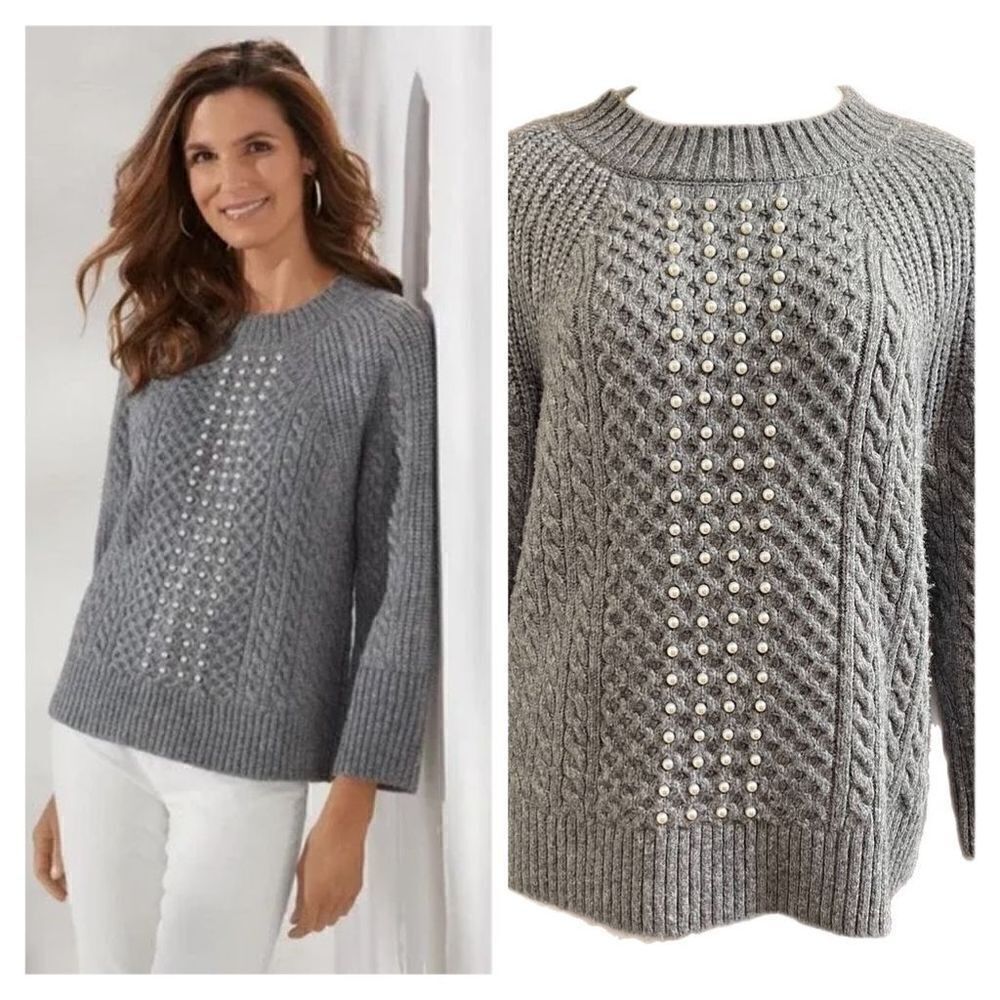Soft Surroundings Noemi Women’s Grey Pearl Cable Knit Sweater Size Medium